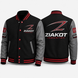 Chaqueta Varsity para Hombre ZIAKOT, Negra, Gris y Roja con Estampado de Letras, Casual, Cuello Camisero, Manga de Cuero PU, Corte Regular - Product Image 1