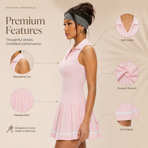 Vestido de tenis sin mangas de poliéster para mujer, con cremallera frontal, cuello rosa suave con solapa en contraste, falda plisada, estilo deportivo ajustado. - Product Image 2