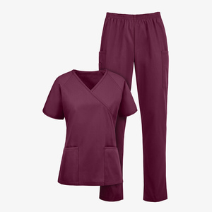 Ensemble de blouses médicales pour femmes, col en V, manches courtes, pantalon, coton et polyester tissé, couleur bordeaux - Product Image 5