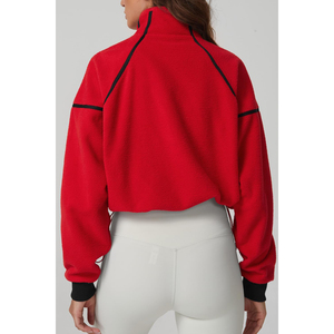 Sudadera Oversize de Forro Polar Rojo para Mujer, con Media Cremallera, Cuello Alto y Hombros Caídos, Manga Larga, Estilo Corto, para Otoño, Más Vendida 2026 - Product Image 3