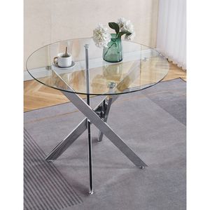Tavolo da pranzo moderno salvaspazio con piano in vetro temperato e gambe in metallo cromato incrociato per cucina o soggiorno - Product Image 1