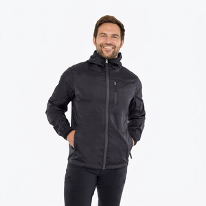 Men's Black Hooded Windproof <b>Jacket</b> Casual Zipper Front Polyester Autumn Wear - Product Image 6