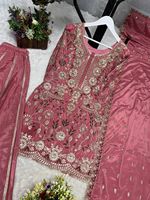 Salwar Kameez Sutra CREPE Bordir Pink Dengan Dupatta Untuk Wanita Pakaian Pernikahan Tradisional India Ukuran REGULAR Panjang Hingga Lutut