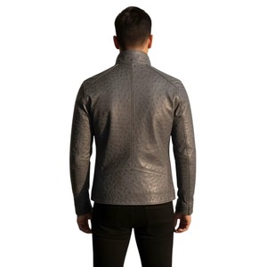 Veste en cuir de vachette véritable pour homme, style Cafe Racer, col montant, effet d'autruche, couleur gris chaud, personnalisation disponible - Product Image 4