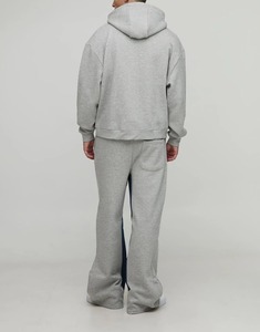 Ensemble de survêtement gris à capuche pour homme, pantalon de survêtement long avec bandes latérales bleu marine, coupe ample, décontracté, pour l'automne, 100 % coton - Product Image 2
