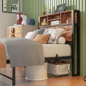 <b>Twin</b> Size Metal <b>Bed</b> <b>Frame</b> with Storage Headboard Charging Station & Bookcase No Box Spring Needed - Product Image 6