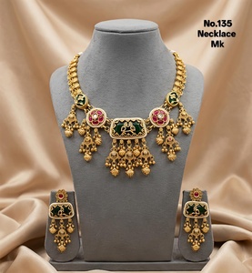 No.135 Gold Statement Necklace Set With Green <b>Crystal</b> And Pink Rhinestone Tassel Design For Women Wedding Jewelry - Product Image 3