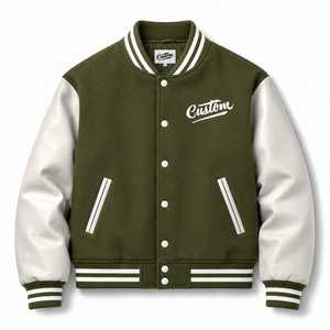 Custom Letter Print Windproof Breathable Wool/Polyester Varsity Jacket Men Olive Green PU Sleeve Casual Winter <b>Covered</b> <b>Button</b> - Product Image 2