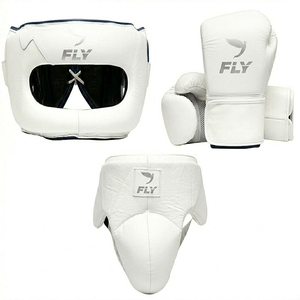 Fly <b>Boxing</b> Premium leather Gear <b>Set</b> Headgear Gloves Groin Protector White PU Leather Lace-Up Breathable Adult Training <b>Sparring</b> - Product Image 1