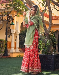 Salwar Kameez KV Rojo de Algodón con Estampado Dabu y Dupatta Kota Doria (Conjunto de 3 Piezas) Ropa Tradicional para Fiestas - Product Image 4