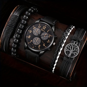 192014 Men's Casual Quartz <b>Watch</b> & <b>Black</b> Life Tree Hand Rope Set, Ideal Choice for Gifts - Product Image 2