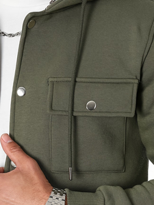 Olive Green Hooded Button-<b>Up</b> Sweatshirt Unisex Regular Fit Casual Autumn Wear Knitted Breathable Long Sleeve 100% Cotton Front - Product Image 6