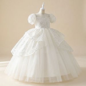 Princess Style 2026 Hot Selling Luxury Solid Satin Soft Lining Sparkly <b>White</b> Flower Girl <b>Dress</b> Puffy Sleeve Bow Applique Ball - Product Image 1
