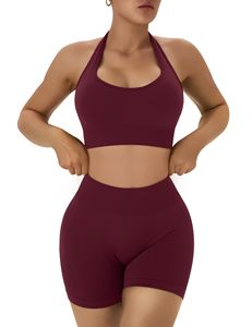 Conjunto de Yoga sin Costuras de 2 Piezas, Top Corto de Cintura Alta y Pantalones Cortos, Color Sólido, Espalda Cruzada, Ropa Deportiva para Mujer - Product Image 2