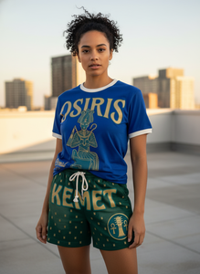 Conjunto de Camiseta y Pantalones Cortos con Temática Egipcia Kemet, Azul Verde, Algodón, Ropa Casual de Verano, Unisex para Adultos, Manga Corta, Pantalones con Cordón - Product Image 4