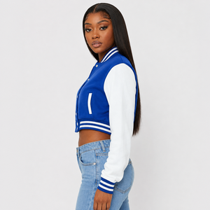 Women Crop Top Varsity Jacket Featuring Snap Button Front Rib Knit Trim And Relaxed Fit For Casual Daily Outfits New 2026 - Product Image 2