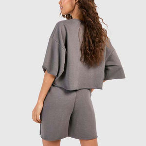 Ensembles décontractés pour femmes de couleur unie, respirants, personnalisés, mode été, col rond, manches courtes, ensemble short oversize pour femmes - Product Image 4