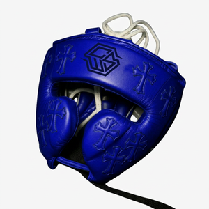 Ensemble de protection de boxe en cuir de vachette bleu : Gants, protège-tête et protège-guêtres 16 oz – Équipement d'entraînement personnalisé pour la boxe et le sparring - Product Image 4