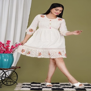 Chic Off White Cotton Dress with Multicolor Embroidery and Lace Hem Detailing for Stylish Everyday Elegance - Product Image 1