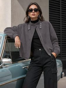 Chaqueta Bomber de Ante Sintético Gris para Mujer, Cuello Alto, Cremallera Descentrada, Dobladillo Ajustable con Cordón, Venta al por Mayor OEM - Product Image 6