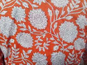 Floral Handblock Cotton Floor Length Dress O Neck <b>Three</b> Quarter Puff Sleeves Loose Fit Women's Daily Wear Embroidery Pocket - Product Image 5