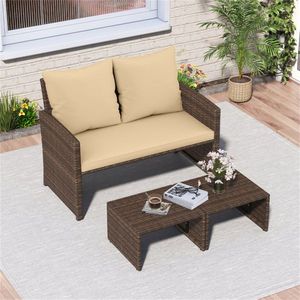 Conjunto de Muebles de Patio para Exteriores con Sofá de Dos Plazas de Ratán PE y 2 Otomanas con Cojines Extraíbles en Estructura Metálica - Product Image 2