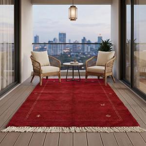 Tapis en laine noué à la main rouge rubis, design classique minimaliste à bordure florale, tapis décoratif de luxe fait main avec franges et pompons - Product Image 4
