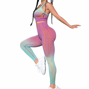 Conjunto Deportivo sin Costuras para Mujer: Sujetador Cruzado Colorido y Leggings de Cintura Alta para Fitness, Running y Entrenamiento - Product Image 5
