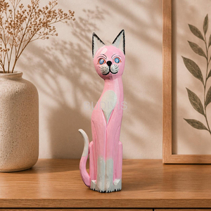 Figurine de chat en bois peinte à la main rose pastel avec finition sculptée lisse, ornement de décoration pour la maison - Product Image 5
