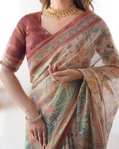 Sari de Lino y Algodón con Estampado Digital, Última Tendencia India, Elegante, Tradicional, Festivo, para Bodas, Verano, Casual, Graduación - Product Image 4
