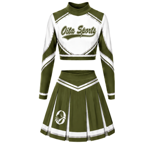 Olive Green White Sublimated Cheer <b>Long</b> Sleeve Uniform Set <b>Pleated</b> <b>Skirt</b> Athletic Team Sportswear Training Practice Performance - Product Image 2