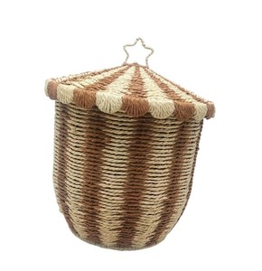 Handwoven Paper Material Kids Toy Storage <b>Basket</b> <b>with</b> <b>Lid</b> Striped Natural Woven Laundry Hamper, Nursery Storage Bin from Vietnam - Product Image 2