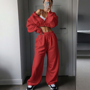 Premium Women <b>Red</b> Cotton Hooded Tracksuit Set Casual Loose Fit Full Length Solid Color With Side Pockets Autumn Wear <b>Crop</b> <b>Top</b> - Product Image 1