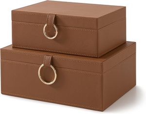 Leather Storage Box Luxury Leather Boxes Tan Leather Box Set Of 2 - Product Image 1
