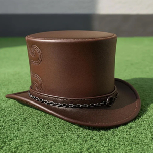 Premium quality custom made Handmade Brown Leather Top <b>Hat</b> Embossed Chain <b>Band</b> Gothic Steampunk Cosplay - Product Image 5