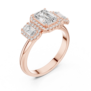 Bague de fiançailles à trois pierres en moissanite taille émeraude avec halo – Bague trio en argent sterling 925 plaqué or jaune pour femme - Product Image 4