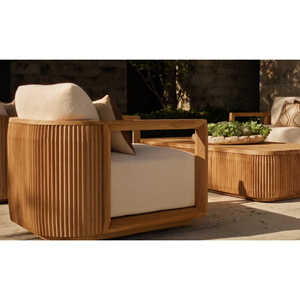 Sillón Moderno para Exteriores, Madera de Teca Sólida Natural, Panel Lateral Acanalado, Asiento Profundo, Cojín de Secado Rápido, Muebles de Lujo para Villas y Resorts - Product Image 5