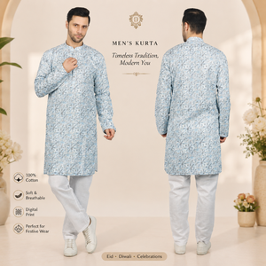 Men's 100% <b>Silk</b> Digital Printed Long <b>Kurta</b> | Full Sleeve Mandarin Collar Ethnic Traditional Diwali Wedding Festival Party Wear - Product Image 3