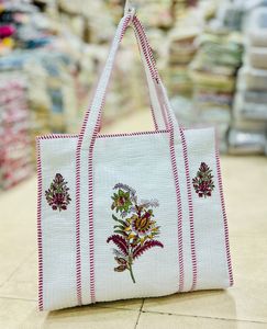 <b>White</b> Quilted Cotton Tote <b>Bag</b> Floral Embroidery Handcrafted <b>Shoulder</b> Shopper for Travel Daily Use - Product Image 3
