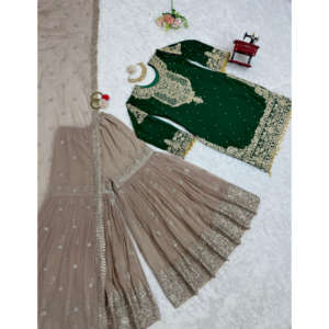 Faux Georgette con codificación y trabajo de secuencia con perla y vestido de encaje elegante y Dupatta - Product Image 1