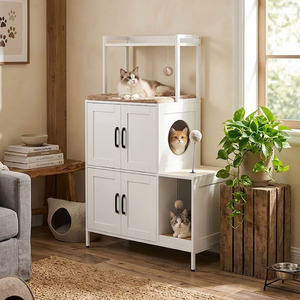 Villa moderne pour chat en bois blanc avec armoires de rangement et éléments ludiques pour chats d'intérieur - Product Image 3
