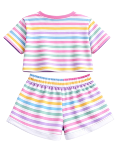 ชุดเซ็ตเสื้อครอปและกางเกงขาสั้นลายรุ้งสำหรับผู้หญิง สไตล์ลำลองสำหรับฤดูร้อน ชุดสองชิ้น เอวยางยืด ชุดลำลองใส่สบายๆ สตรีทแวร์ รับผลิตแบบ OEM - Product Image 4