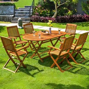 Teak Outdoor Dining Set 6 Seater <b>Foldable</b> Solid Wood Garden Furniture Traditional Style Patio <b>Table</b> <b>Chairs</b> - Product Image 1