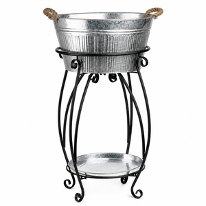 Hot Seller Galvanized Beverage Tub with Metal Stand Distressed White Iron Wine <b>Cooler</b> Ice Bucket Double-Tier <b>Drink</b> Dispenser - Product Image 5
