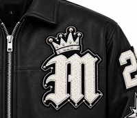 Blouson en cuir pour homme, design avec patch brodé, col rabattable, fermeture éclair, style moto d'hiver, blouson bomber noir