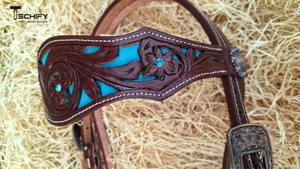 Conjunto de cabezada y pechopetral de cuero personalizados para caballo, estilo inglés, con diseño floral turquesa repujado, para carreras de barriles - Product Image 2