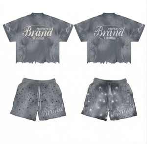 Ensemble T-shirt et short pour homme Brand Studios, style streetwear délavé à l'acide, imprimé numérique, col rond, tenue d'été, marron noir - Product Image 6