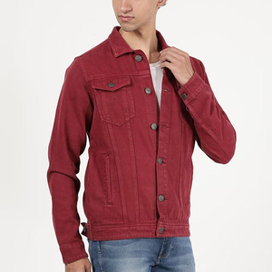 Chaqueta de mezclilla roja para hombre, corte ajustado, cierre de botones, color liso, estilo casual de otoño, algodón lavable, estilo tejido con costuras decorativas - Product Image 5