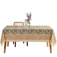 Nappe carrée en coton moderne, lavable, imprimée de motifs floraux faits à la main, verte et jaune, création Bohème, décoration de mariage