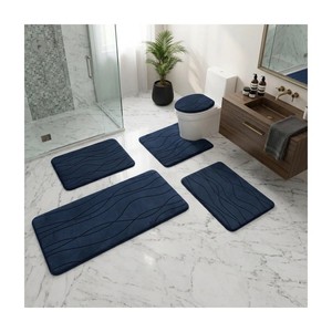 Ensemble de tapis de bain bleu marine moderne, 4 pièces, motif abstrait rectangulaire, dos antidérapant en caoutchouc, microfibre épaisse, usage domestique - Product Image 5